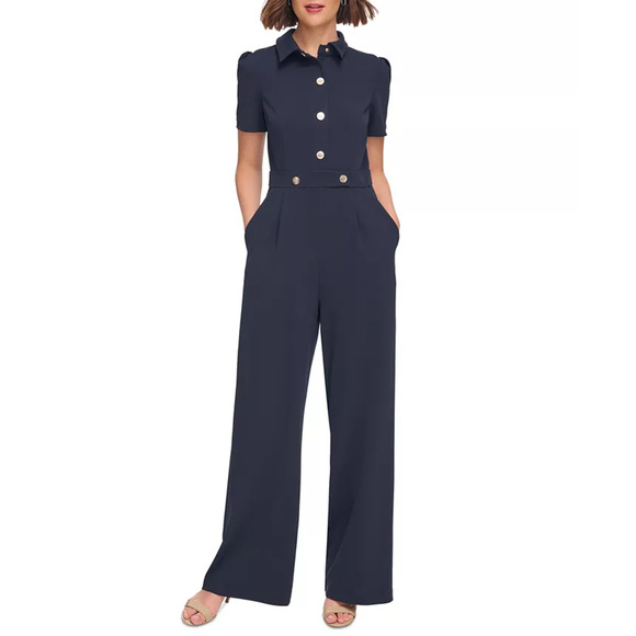 Tommy Hilfiger NWOT Women's Button Front Short Sleeve Jumpsuit Black Size 2 - Picture 1 of 7
